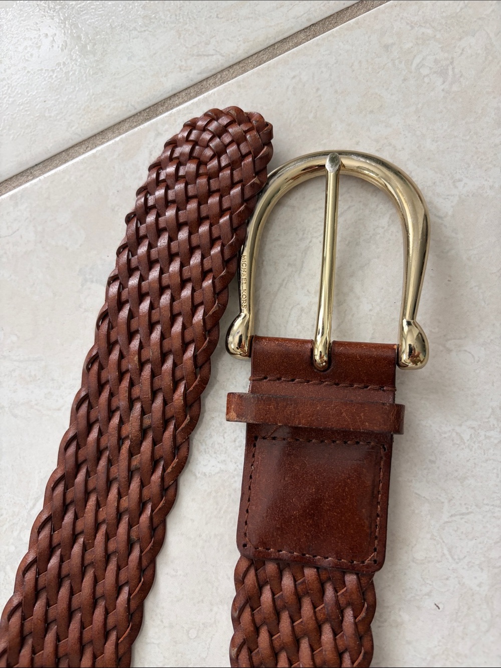 Michael Kors Brown Braided Leather Belt with Gold-Tone Buckle - Picture 3 of 5